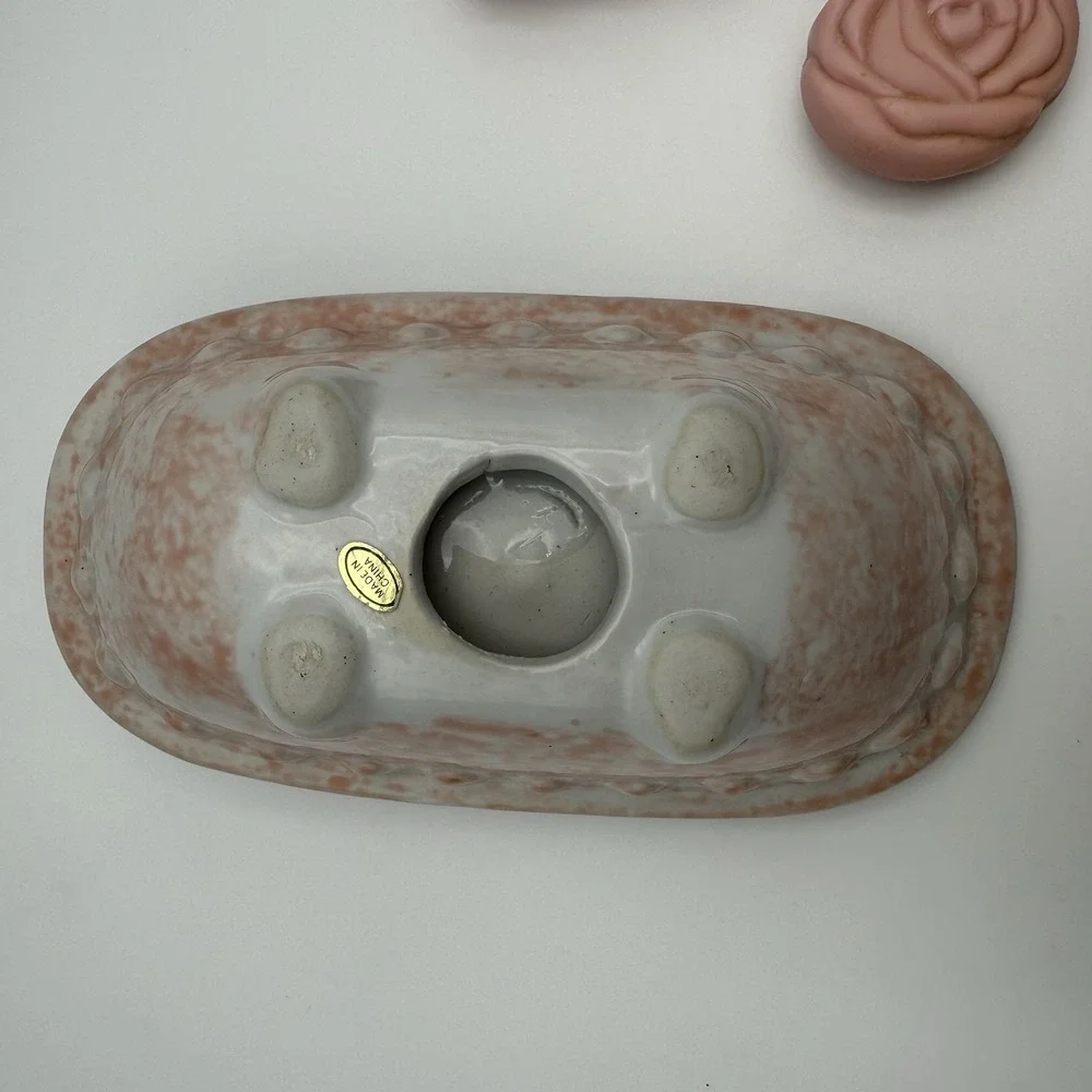 Vtg Ceramic Bathtub Pink Soap Sponge Dish Cottage Farmhouse Trinket & Shell Soap